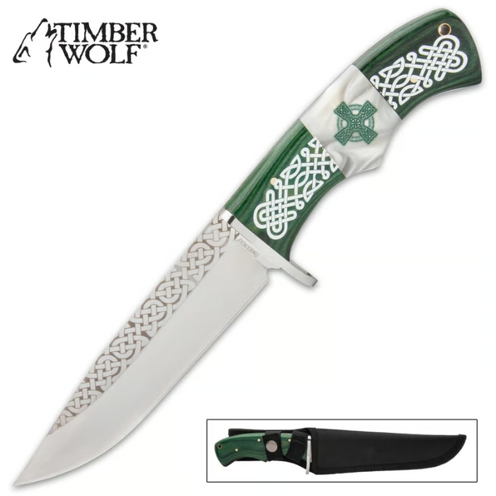 Timber Wolf Celtic Legend Fixed Blade Knife, Stainless, Green Wood, Nylon Sheath, TW1264